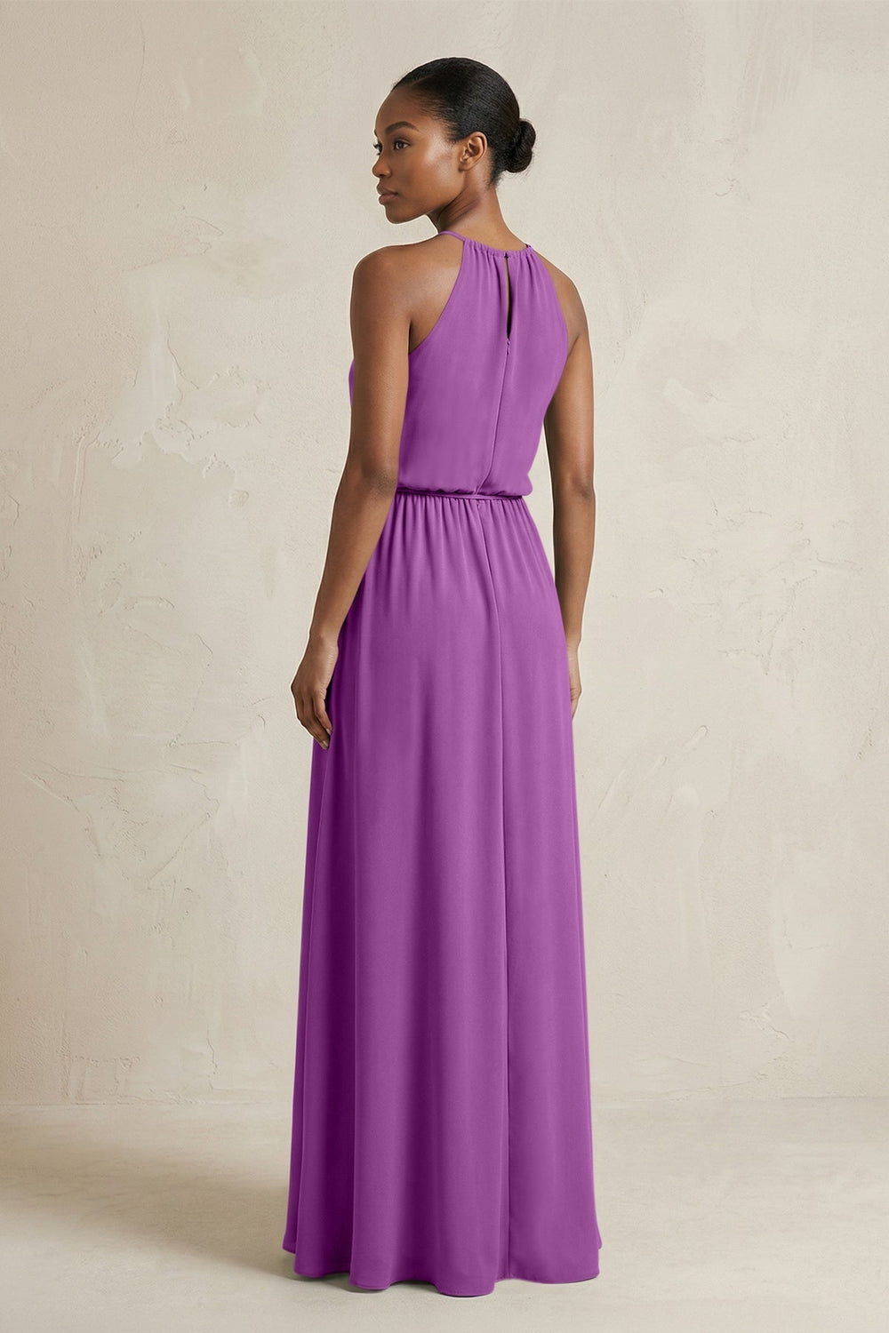 Halter Sheath Ruched Chiffon Bridesmaid Dress in Amethyst - KissProm Bridesmaid Dresses