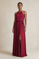 Halter Sheath Ruched Chiffon Bridesmaid Dress in Berry - KissProm Bridesmaid Dresses