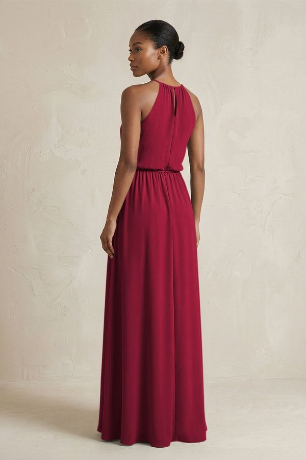 Halter Sheath Ruched Chiffon Bridesmaid Dress in Berry - KissProm Bridesmaid Dresses