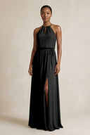 Halter Sheath Ruched Chiffon Bridesmaid Dress in Black - KissProm Bridesmaid Dresses