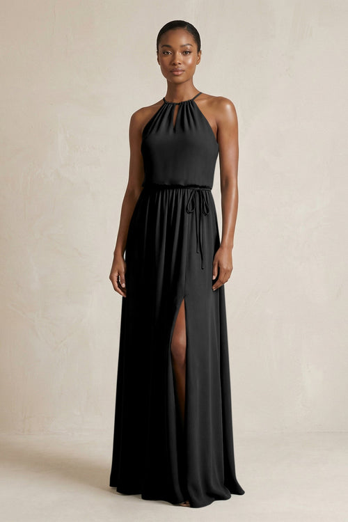 Halter Sheath Ruched Chiffon Bridesmaid Dress in Black - KissProm Bridesmaid Dresses