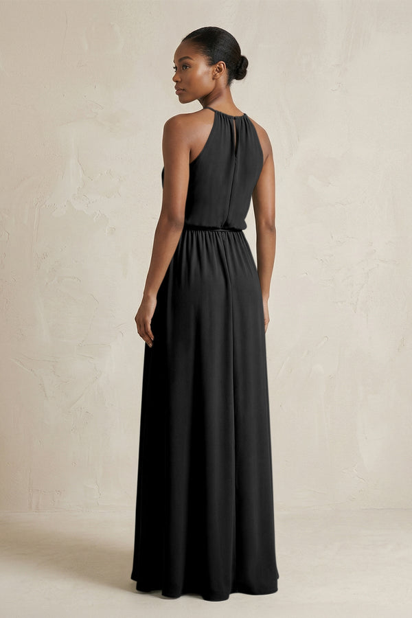 Halter Sheath Ruched Chiffon Bridesmaid Dress in Black - KissProm Bridesmaid Dresses