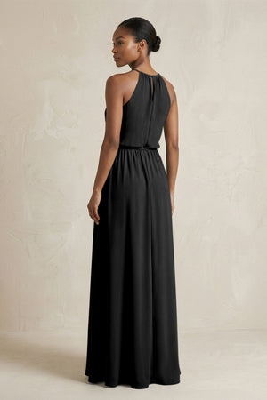 Halter Sheath Ruched Chiffon Bridesmaid Dress in Black - KissProm Bridesmaid Dresses