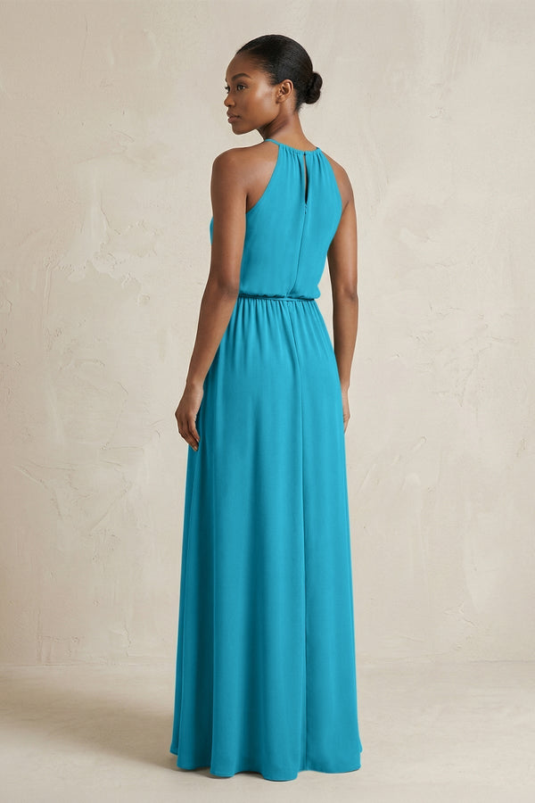 Halter Sheath Ruched Chiffon Bridesmaid Dress in Blue Jay - KissProm Bridesmaid Dresses