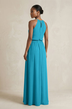 Halter Sheath Ruched Chiffon Bridesmaid Dress in Blue Jay - KissProm Bridesmaid Dresses