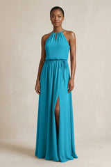 Halter Sheath Ruched Chiffon Bridesmaid Dress in Blue Jay - KissProm Bridesmaid Dresses