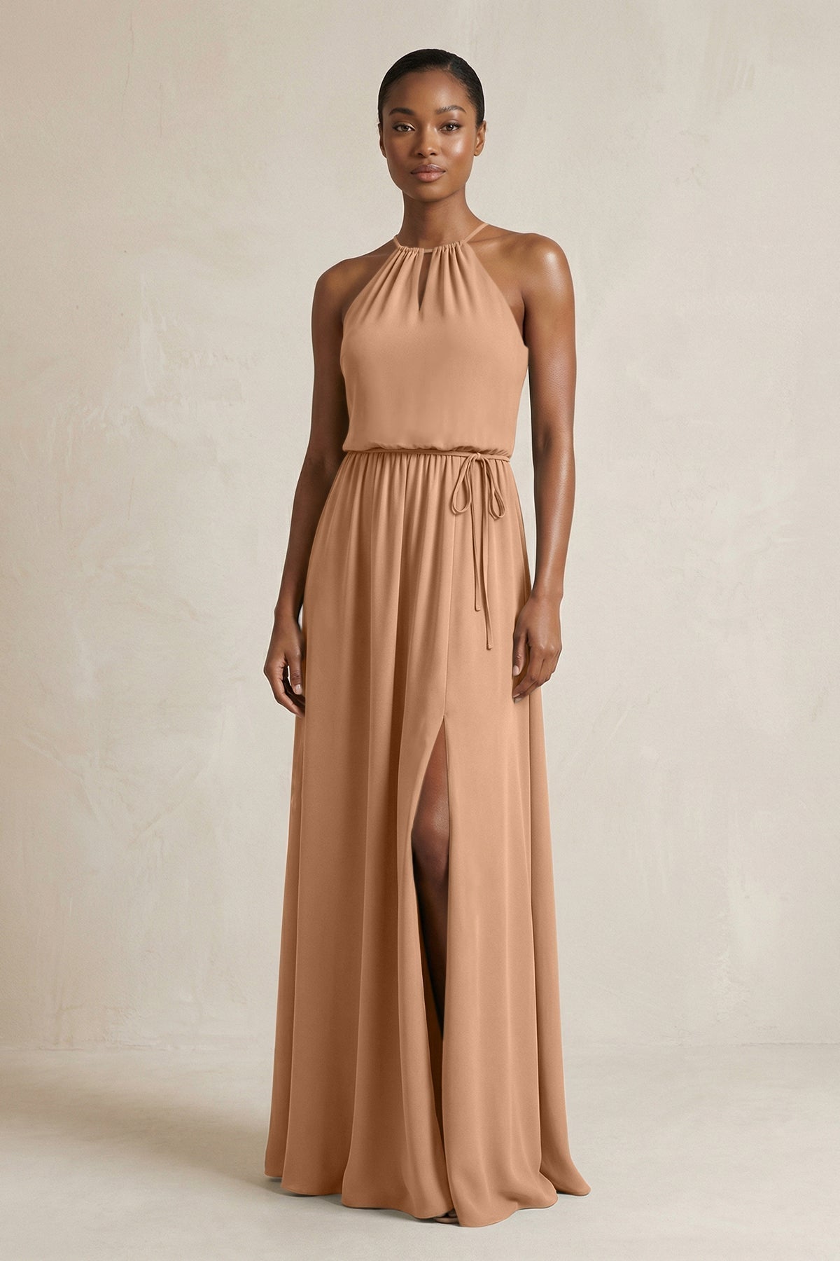 KissProm Halter Sheath Ruched Chiffon Bridesmaid Dress in Bronzer, Bronzer / 8
