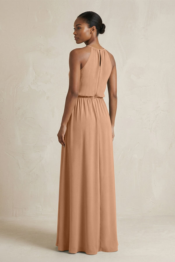 Halter Sheath Ruched Chiffon Bridesmaid Dress in Bronzer - KissProm Bridesmaid Dresses