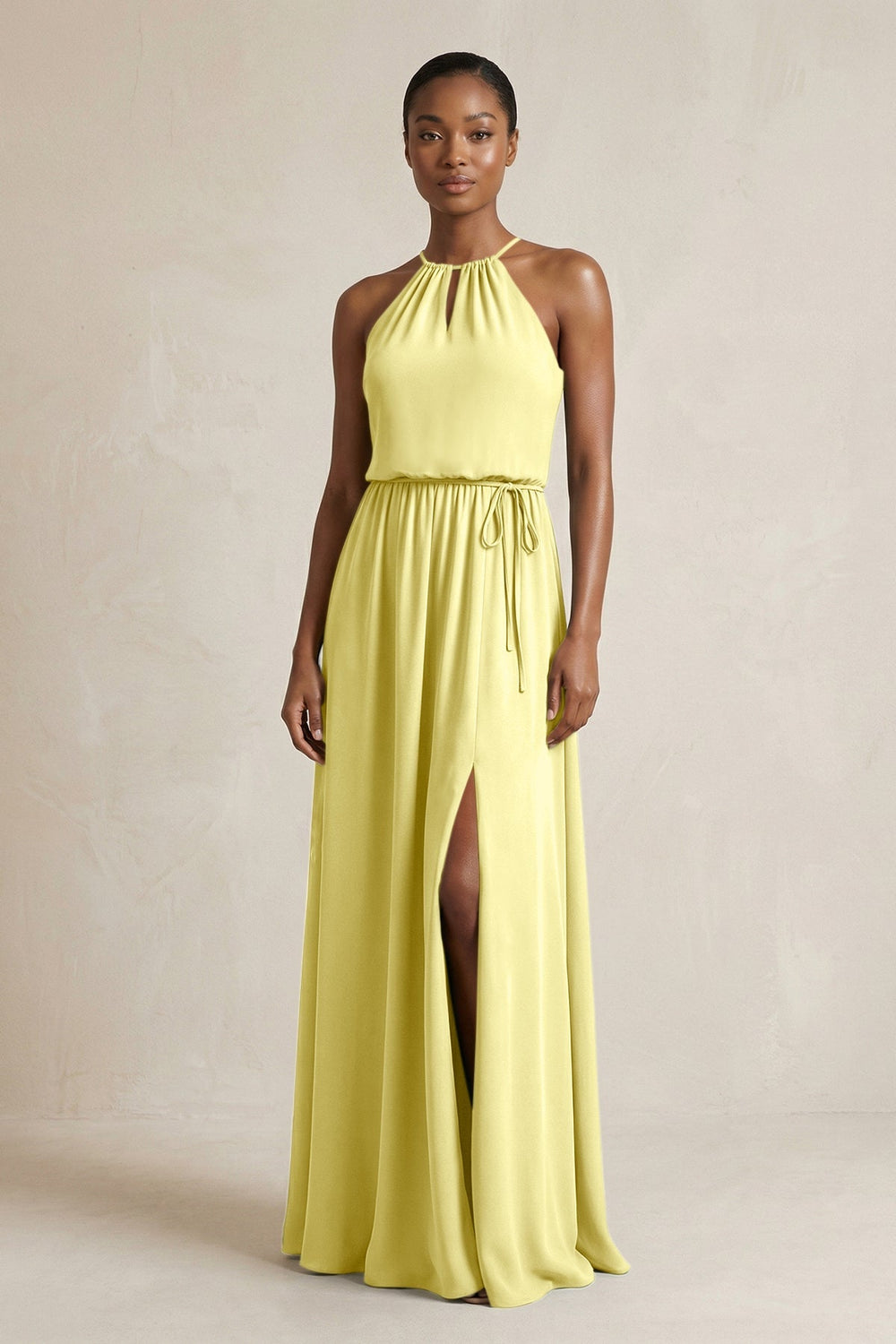 Halter Sheath Ruched Chiffon Bridesmaid Dress in Buttercup - KissProm Bridesmaid Dresses