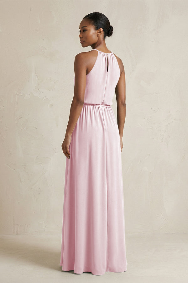 Halter Sheath Ruched Chiffon Bridesmaid Dress in Candy Pink - KissProm Bridesmaid Dresses