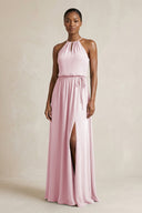 Halter Sheath Ruched Chiffon Bridesmaid Dress in Candy Pink - KissProm Bridesmaid Dresses