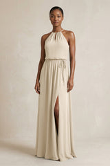 Halter Sheath Ruched Chiffon Bridesmaid Dress in Champagne - KissProm Bridesmaid Dresses