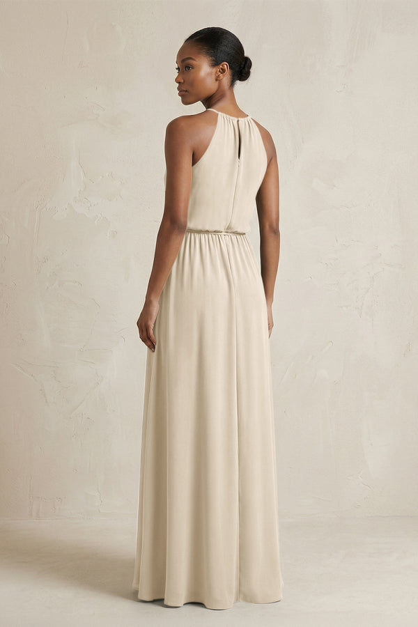 Halter Sheath Ruched Chiffon Bridesmaid Dress in Champagne - KissProm Bridesmaid Dresses