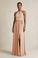 Halter Sheath Ruched Chiffon Bridesmaid Dress in Champagne Rose - KissProm Bridesmaid Dresses