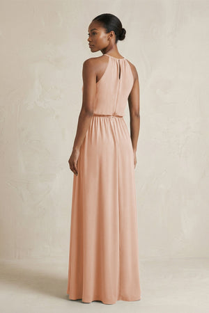 Halter Sheath Ruched Chiffon Bridesmaid Dress in Champagne Rose - KissProm Bridesmaid Dresses