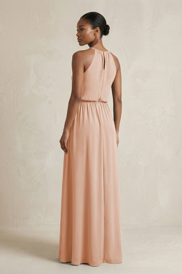 Halter Sheath Ruched Chiffon Bridesmaid Dress in Champagne Rose - KissProm Bridesmaid Dresses