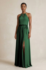 Halter Sheath Ruched Chiffon Bridesmaid Dress in Dark Green - KissProm Bridesmaid Dresses