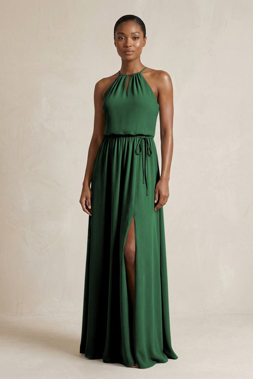 Halter Sheath Ruched Chiffon Bridesmaid Dress in Dark Green - KissProm Bridesmaid Dresses