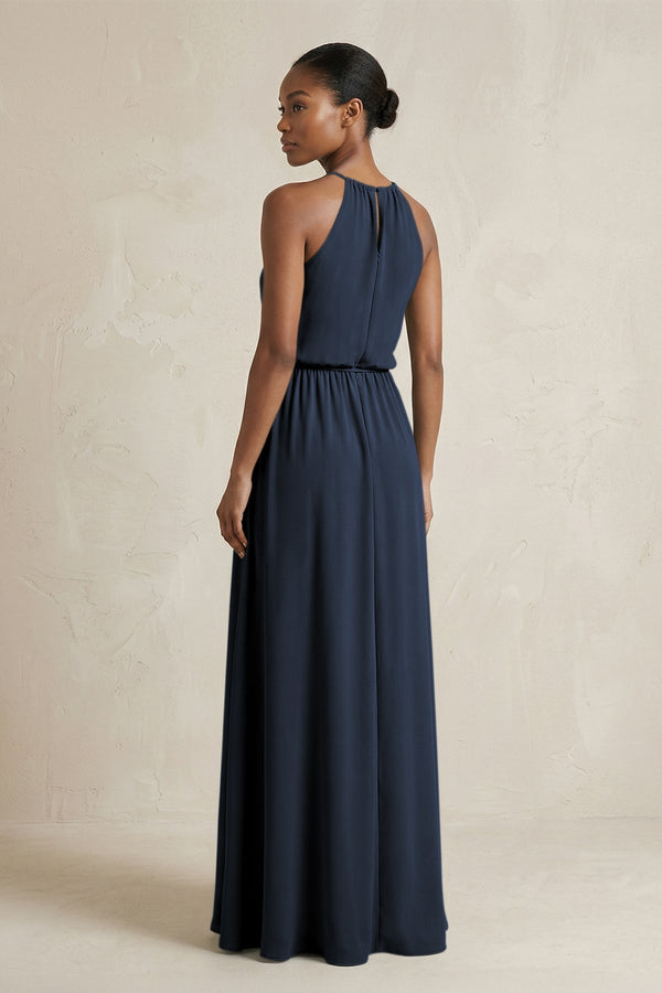 Halter Sheath Ruched Chiffon Bridesmaid Dress in Dark Navy - KissProm Bridesmaid Dresses