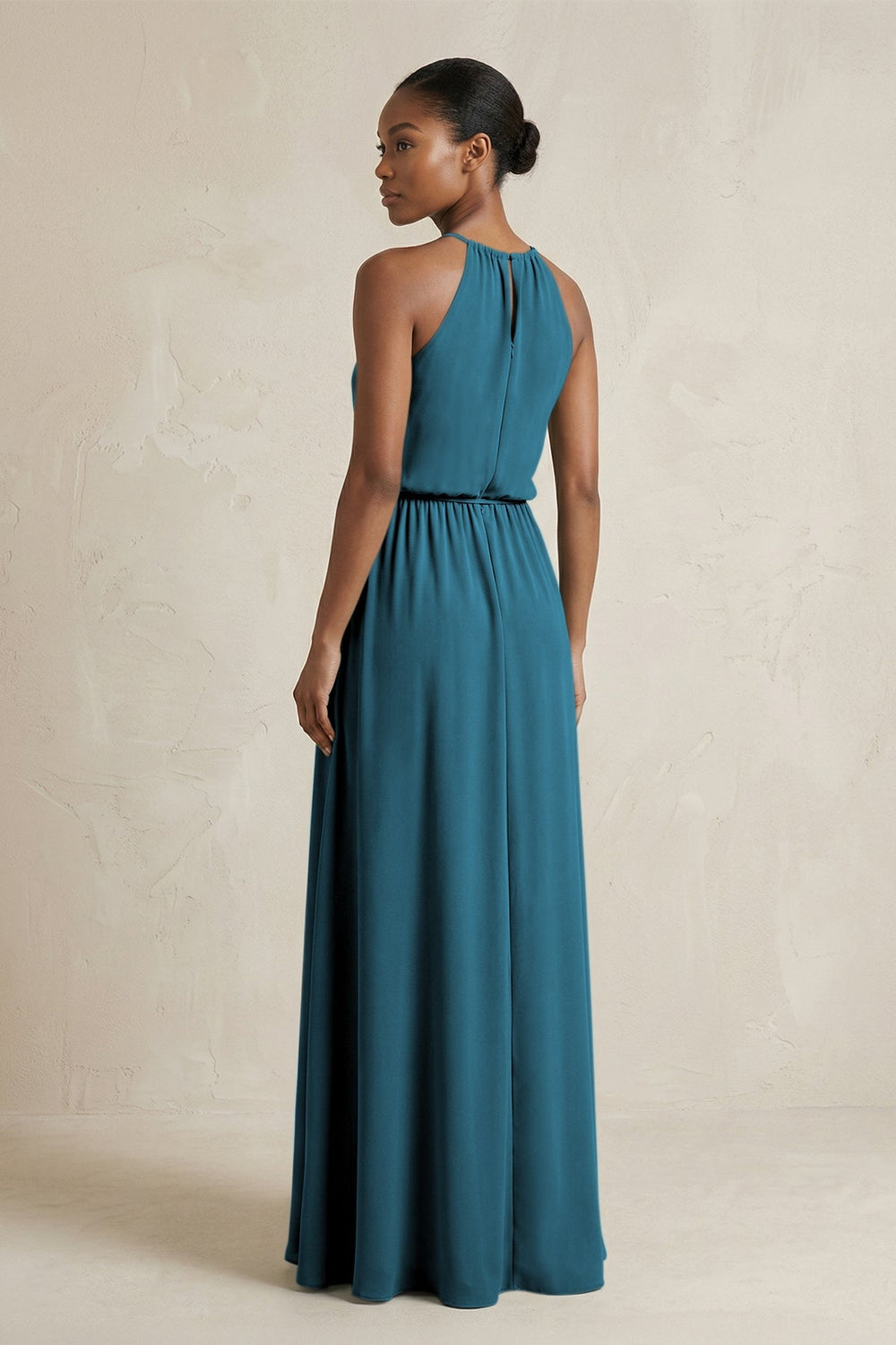 Halter Sheath Ruched Chiffon Bridesmaid Dress in Dark Teal - KissProm Bridesmaid Dresses