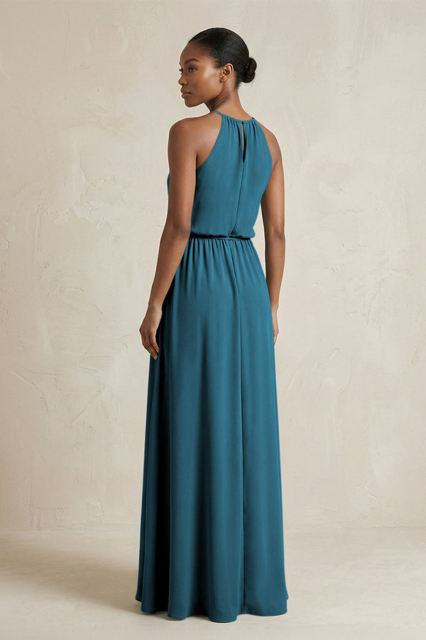 Halter Sheath Ruched Chiffon Bridesmaid Dress in Dark Teal - KissProm Bridesmaid Dresses