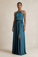 Halter Sheath Ruched Chiffon Bridesmaid Dress in Dark Teal - KissProm Bridesmaid Dresses