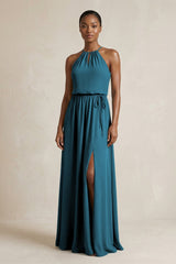 Halter Sheath Ruched Chiffon Bridesmaid Dress in Dark Teal - KissProm Bridesmaid Dresses