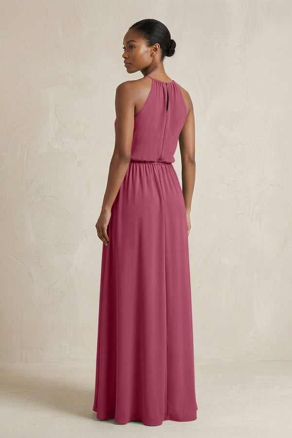 Halter Sheath Ruched Chiffon Bridesmaid Dress in Desert Rose - KissProm Bridesmaid Dresses