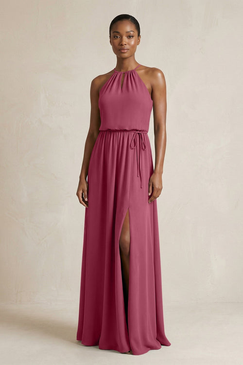 Halter Sheath Ruched Chiffon Bridesmaid Dress in Desert Rose - KissProm Bridesmaid Dresses