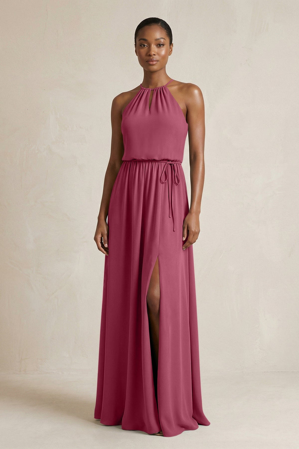 Halter Sheath Ruched Chiffon Bridesmaid Dress in Desert Rose - KissProm Bridesmaid Dresses