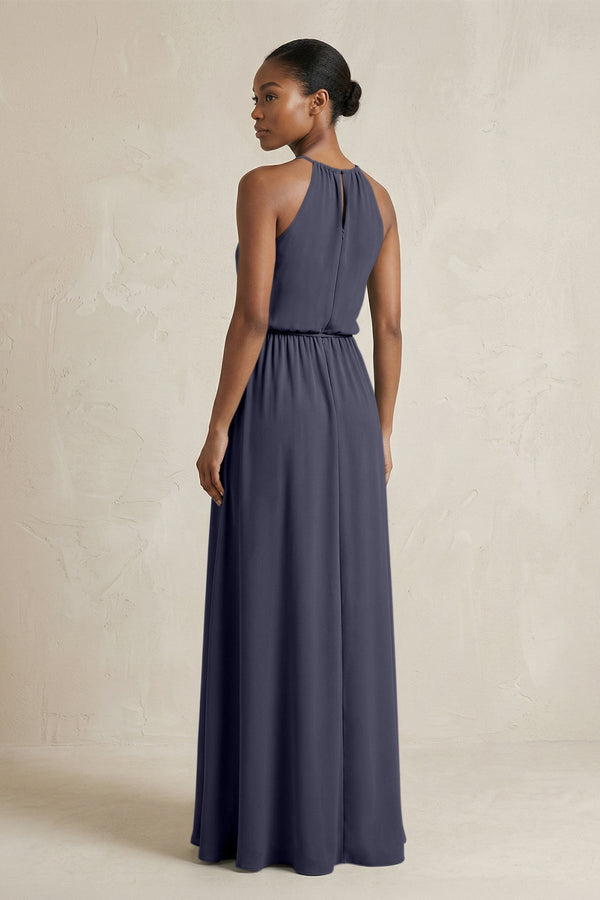 Halter Sheath Ruched Chiffon Bridesmaid Dress in Dusk Blue - KissProm Bridesmaid Dresses