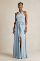 Halter Sheath Ruched Chiffon Bridesmaid Dress in Dusty Blue - KissProm Bridesmaid Dresses