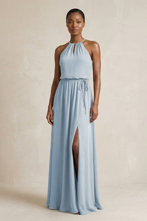 Halter Sheath Ruched Chiffon Bridesmaid Dress in Dusty Blue - KissProm Bridesmaid Dresses