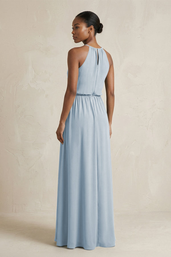 Halter Sheath Ruched Chiffon Bridesmaid Dress in Dusty Blue - KissProm Bridesmaid Dresses