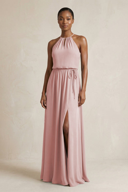 Halter Sheath Ruched Chiffon Bridesmaid Dress in Dusty Rose - KissProm Bridesmaid Dresses