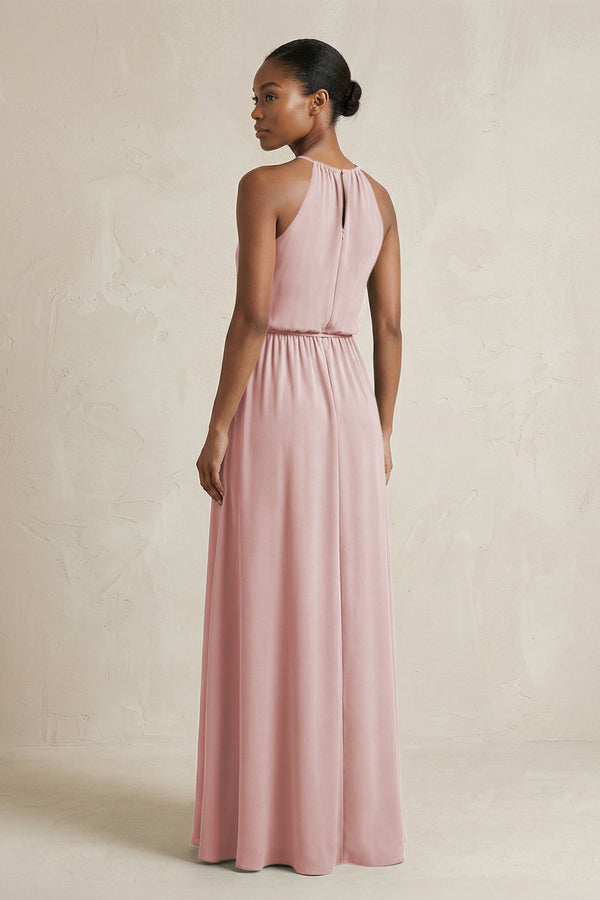 Halter Sheath Ruched Chiffon Bridesmaid Dress in Dusty Rose - KissProm Bridesmaid Dresses