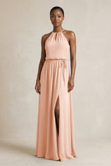 Halter Sheath Ruched Chiffon Bridesmaid Dress in English Rose - KissProm Bridesmaid Dresses