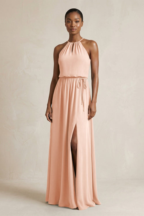 Halter Sheath Ruched Chiffon Bridesmaid Dress in English Rose - KissProm Bridesmaid Dresses