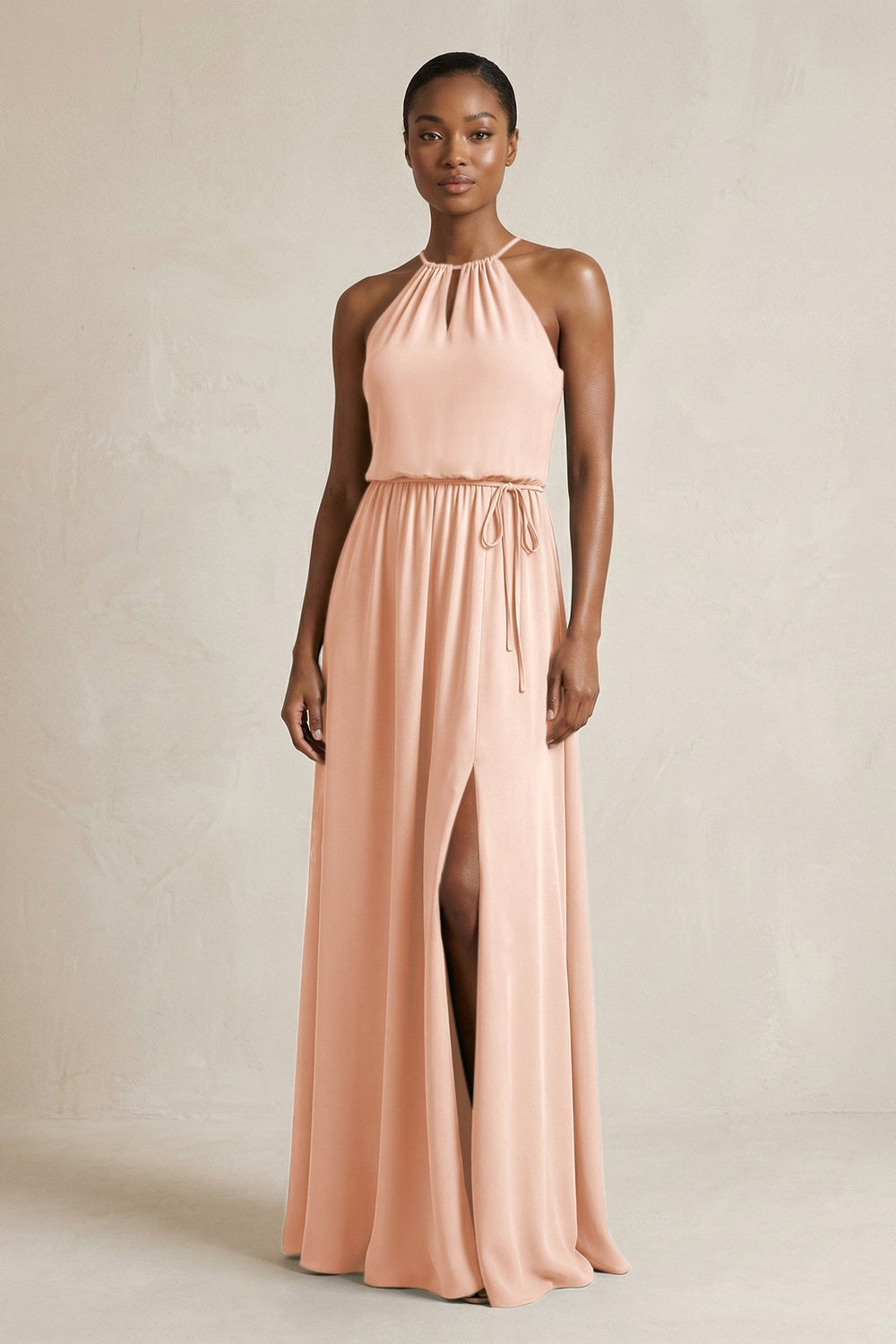 Halter Sheath Ruched Chiffon Bridesmaid Dress in English Rose - KissProm Bridesmaid Dresses