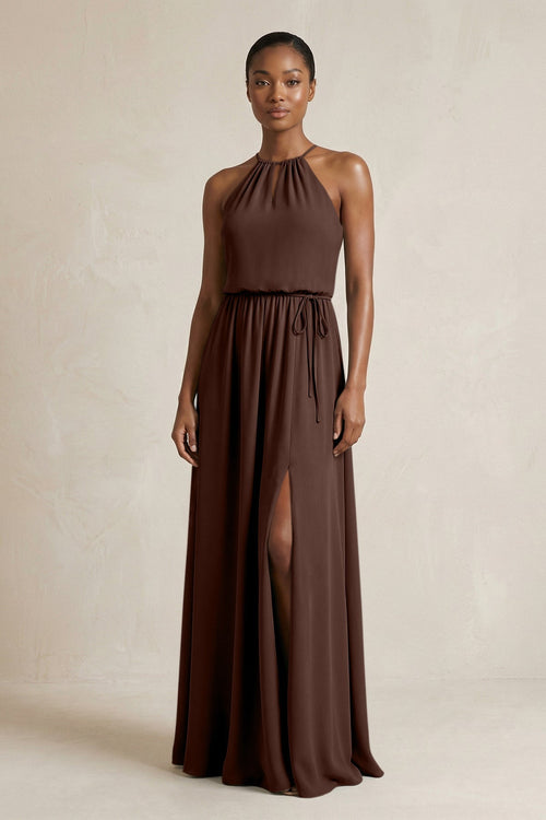 Halter Sheath Ruched Chiffon Bridesmaid Dress in Espresso - KissProm Bridesmaid Dresses