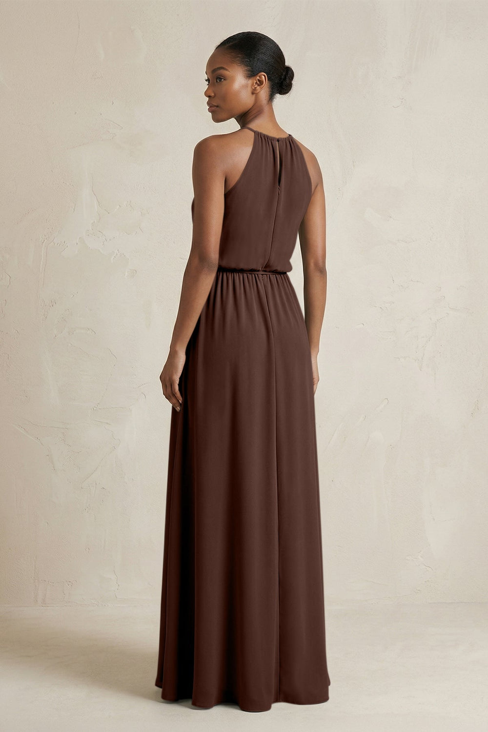 Halter Sheath Ruched Chiffon Bridesmaid Dress in Espresso - KissProm Bridesmaid Dresses