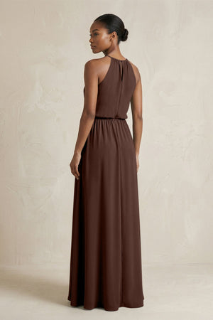 Halter Sheath Ruched Chiffon Bridesmaid Dress in Espresso - KissProm Bridesmaid Dresses