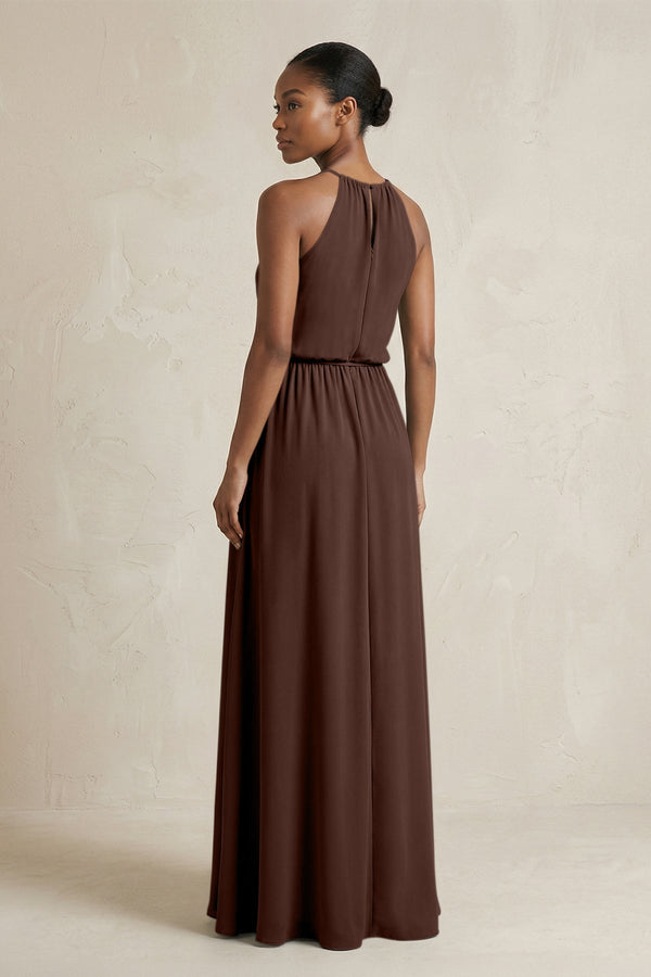 Halter Sheath Ruched Chiffon Bridesmaid Dress in Espresso - KissProm Bridesmaid Dresses