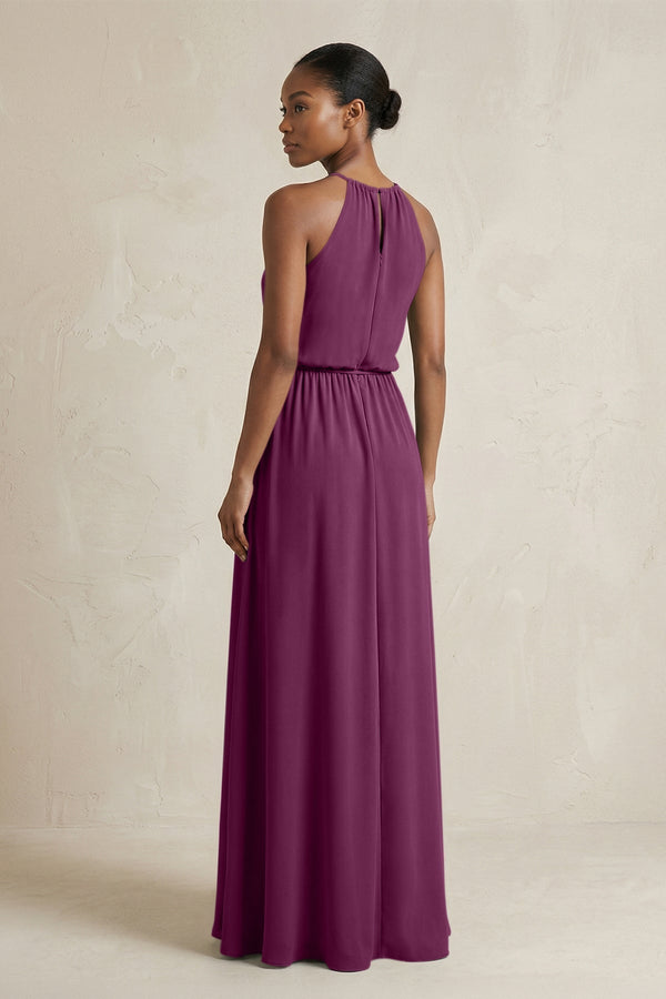 Halter Sheath Ruched Chiffon Bridesmaid Dress in Fig - KissProm Bridesmaid Dresses