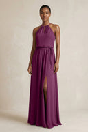Halter Sheath Ruched Chiffon Bridesmaid Dress in Fig - KissProm Bridesmaid Dresses
