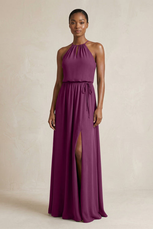 Halter Sheath Ruched Chiffon Bridesmaid Dress in Fig - KissProm Bridesmaid Dresses