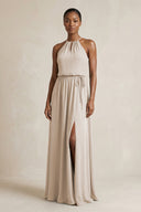 Halter Sheath Ruched Chiffon Bridesmaid Dress in Frost - KissProm Bridesmaid Dresses