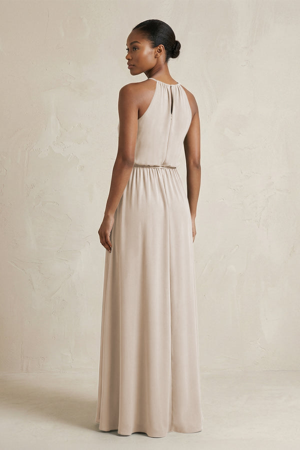 Halter Sheath Ruched Chiffon Bridesmaid Dress in Frost - KissProm Bridesmaid Dresses