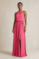 Halter Sheath Ruched Chiffon Bridesmaid Dress in Fuchsia - KissProm Bridesmaid Dresses