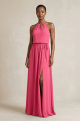 Halter Sheath Ruched Chiffon Bridesmaid Dress in Fuchsia - KissProm Bridesmaid Dresses